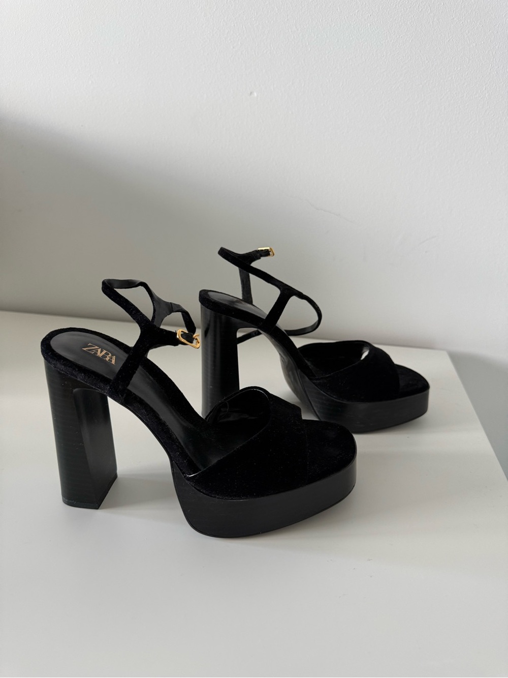 Zara Black Velvet Platform Block Heel Sandals with Gold Buckle